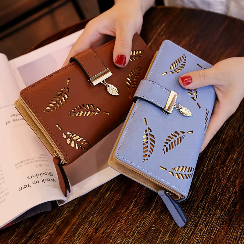 Women Wallet PU Leather Purse Female Long Wallet Gold Hollow Leaves Pouch Handbag for Women Coin Purse Card Holders Clutch