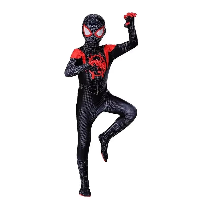 Black Spiderman Costume with Spider Man Mask Spider Man into the Spider Verse Miles Cosplay Halloween Costume for Kids and Adult