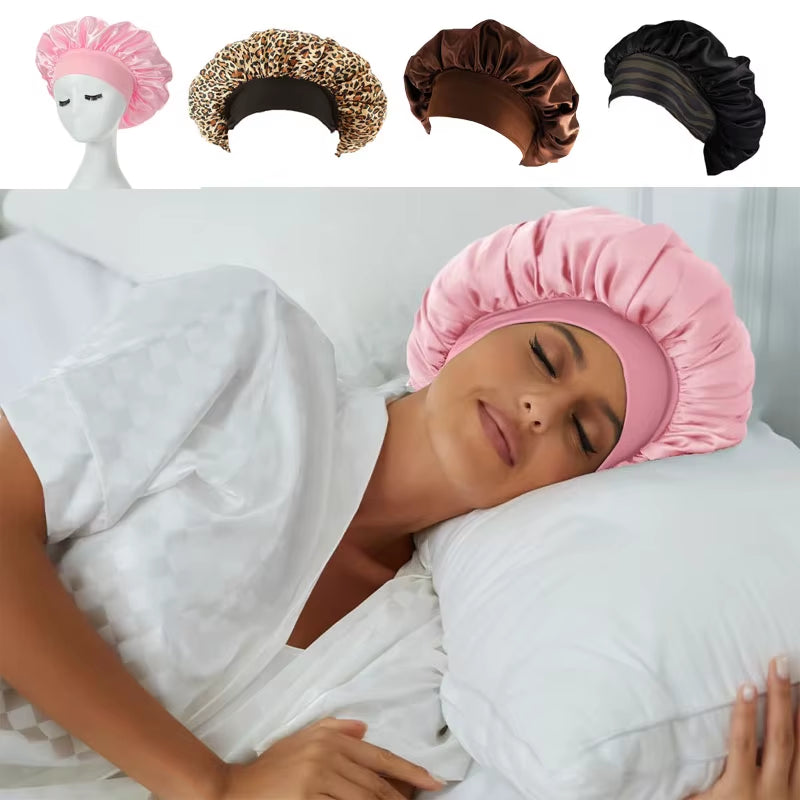 Satin Bonnets Night Sleeping Cap Large Elastic Wide Soft Band Colorful Silk Hat for Curly Hair Care Beauty Makeup for Women