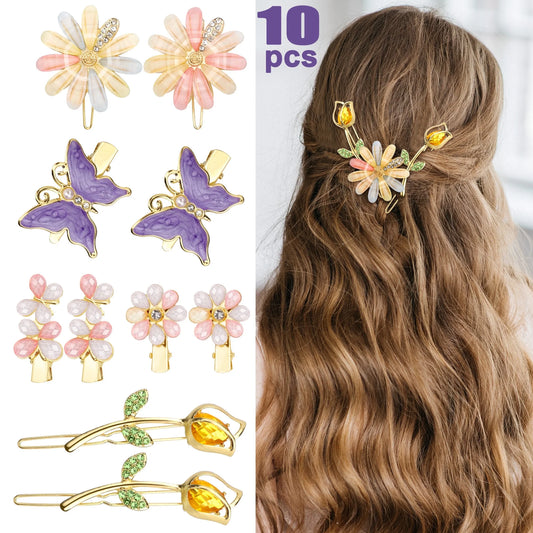 10Pcs Rhinestone Butterfly Hair Clips for Women Girls, Glitter Crystal Flower Hairpins, 5 Styles